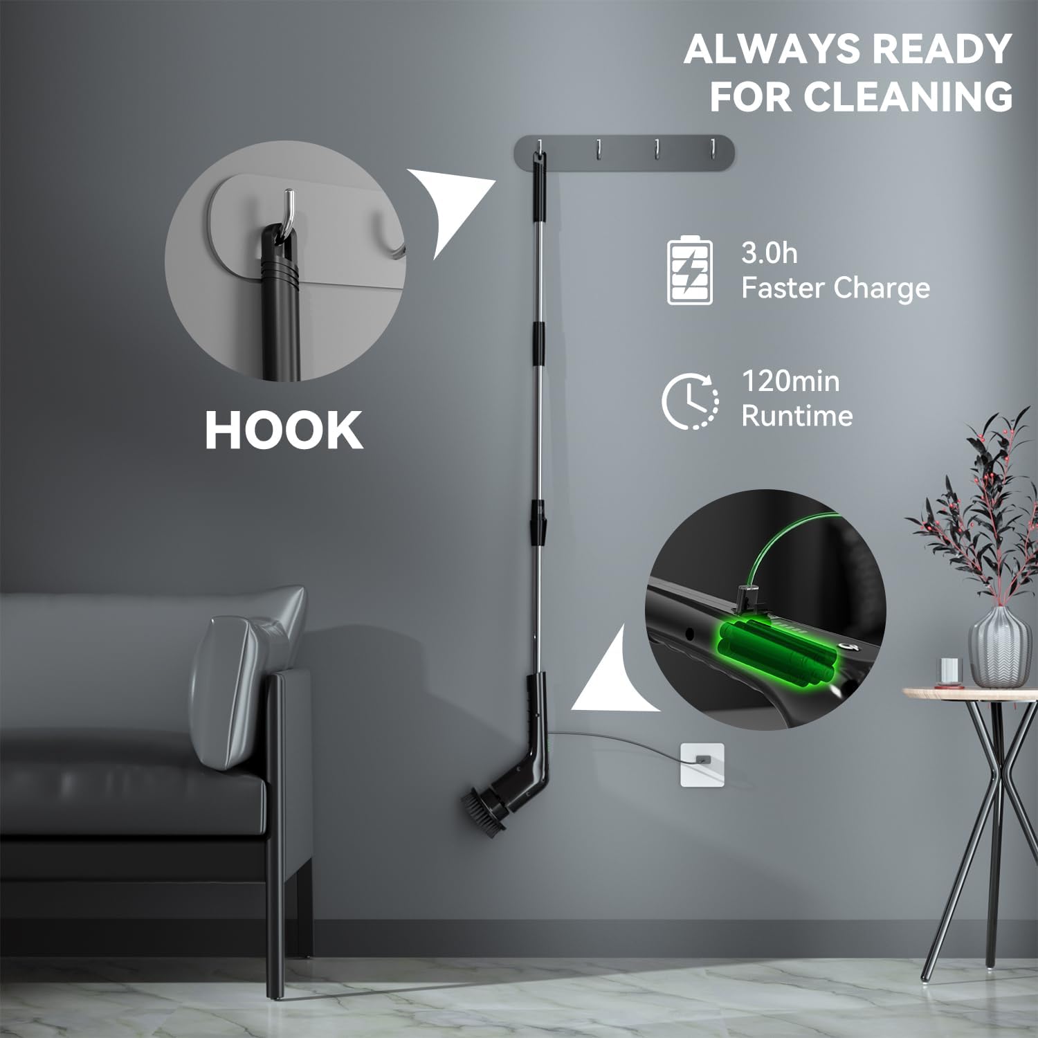 Electric Spin Scrubber,Bathroom Cleaning Brush with Long Handle 8 Replaceable Brush Heads, 2 Adjustable Speeds, Cordless Power Cleaning Brushes for Bathtub Grout Tile Floor