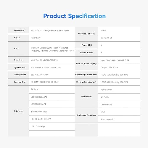 Vista 9 de TRIGKEY Mini PC Key-N150, Intel Twin Lake N150 (hasta 3.6 GHz) 16 GB DDR4 500 GB M.2 PCIe SSD, Mini computadoras de escritorio, gráficos Intel 24EUs