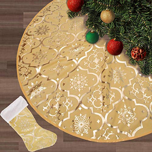FLASH WORLD Christmas Tree Skirt,48 inches Large Xmas Tree Skirts with Snowy Pattern for Christmas Tree Decorations (Yellow)