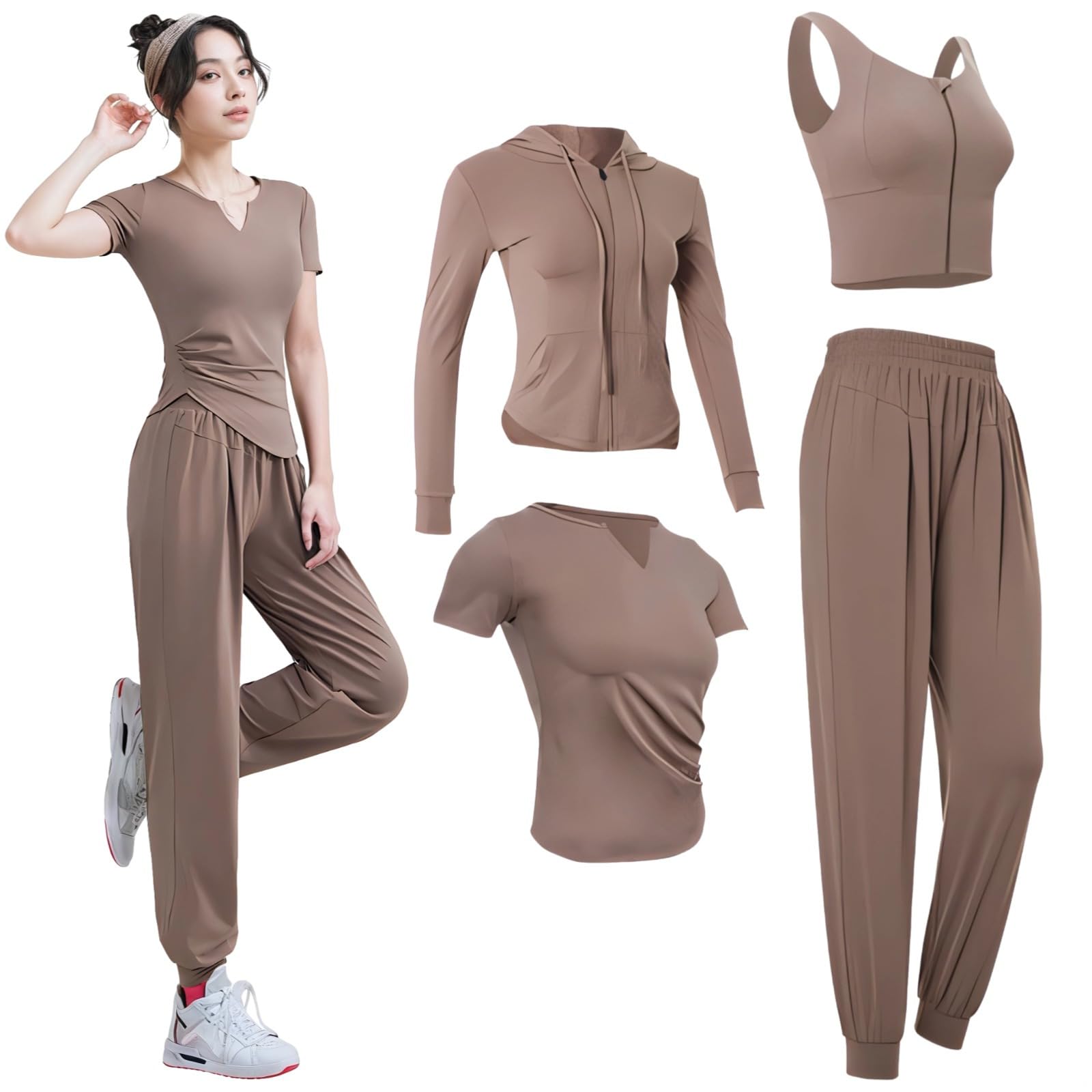 WomenS 4-Piece Workout Outfit With Long Sleeves Xxl Activewear Set Featuring Jacket Sports Bra Tee Pants Breathable Quick-Dry