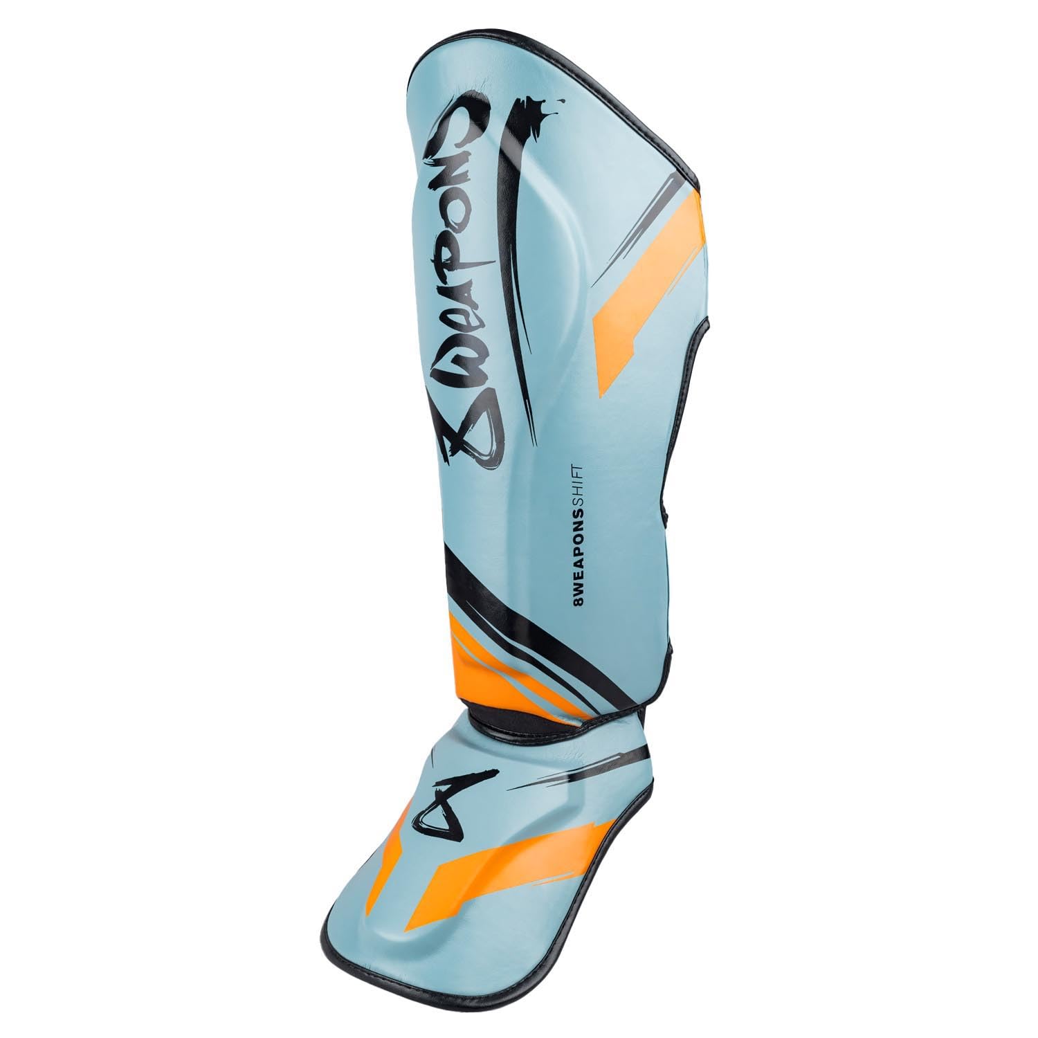 8 WEAPONS Espinilleras Shift, color gris hielo naranja, entrenamiento y competición, piel sintética de alta calidad y amortiguación perfecta, Muay Thai, K1, MMA, karate y kickboxing