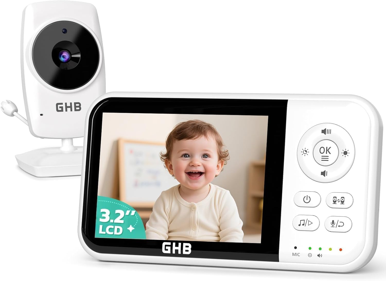 GHB Camara Vigilancia Bebe Vigilabebes con Camara con Pantalla 3.2" HD de 2100mAh Recargable VOX, Visión Nocturna, Despertador, Conversación Bidireccional Escucha Bebes
