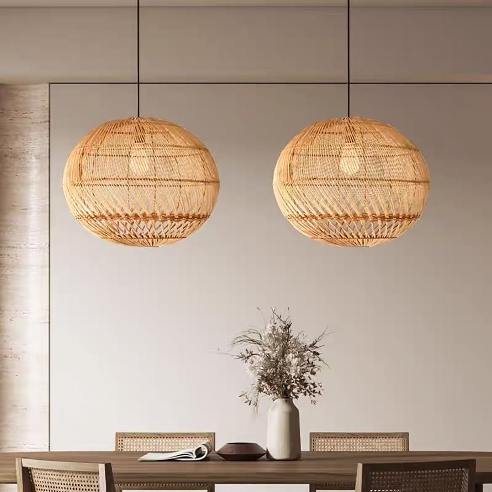 XQIDIANAA Rustic Rattan Basket Pendant Light Boho Wicker Chandelier Coastal Handmade Crafts Lampshade, Farmhouse Hanging Ceiling Lighting for Dining Kitchen Island Beige