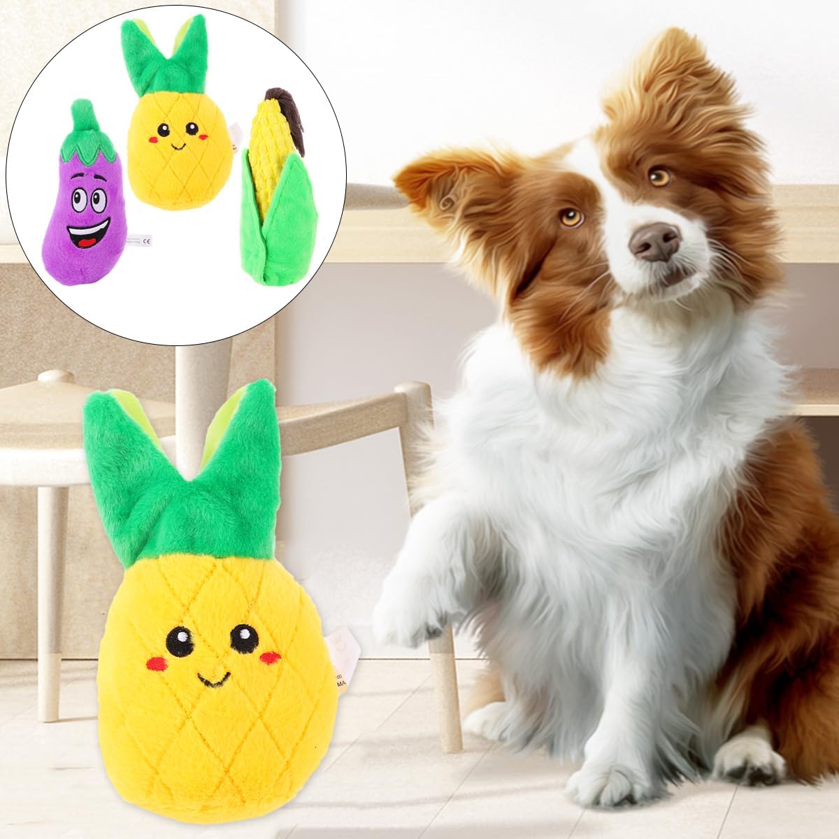 Angoily 3ピース ぬいぐるみ サウンド トイスティッチ 小型犬 噛む きしむコーン パイナップル ナス インタラクティブ ペ