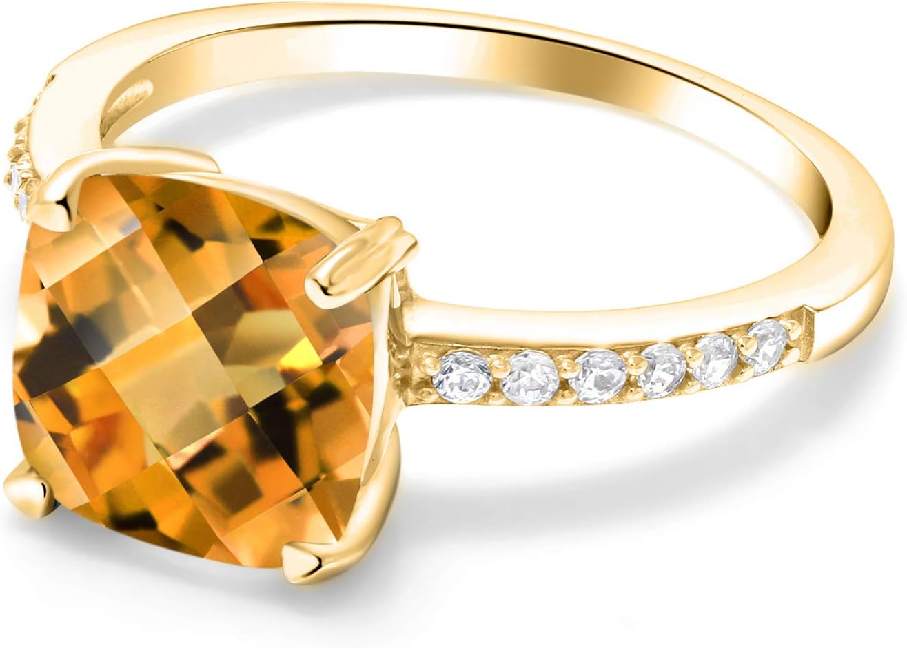 Gem Stone King 18K Yellow Gold Plated Silver 8MM Cushion Cut Gemstone Birthstone Engagement Ring | Wedding Anniversary Promise Ring For Women | Available In Size 5-9