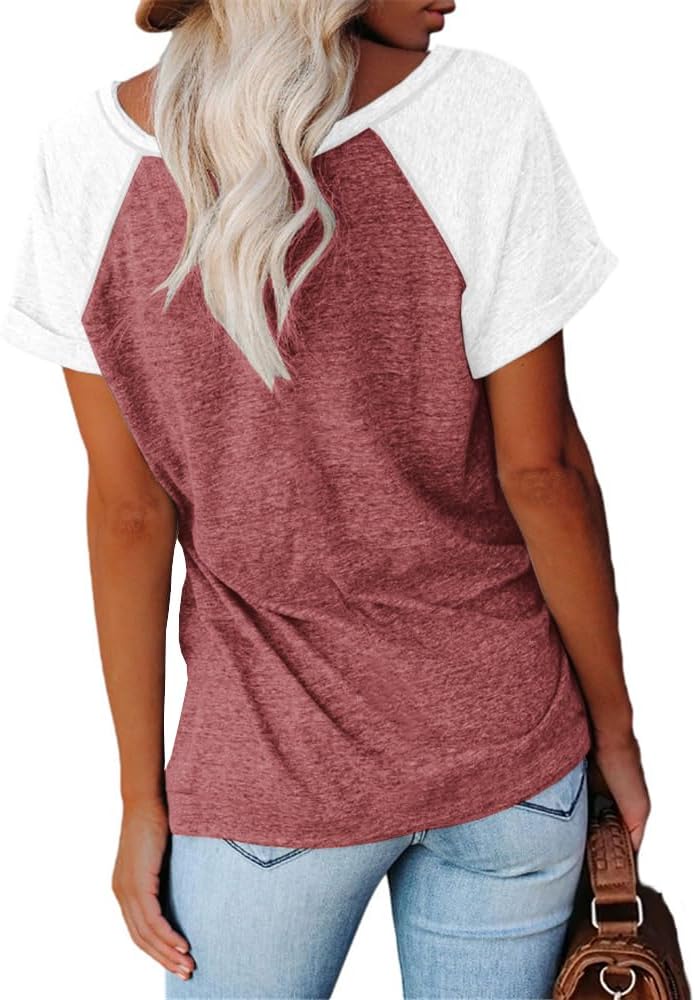 Womens Shirts Summer Henley V Neck Color Block Tshirts Raglan Short Sleeve Casaul Trendy Tops - Image 2
