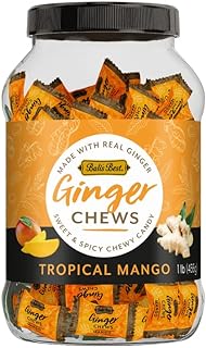 Bali's Best Ginger Chews, Tropical Mango Flavor, 1 Pound Jar, Individually Wrapped Soft Candy, Made with 100% Real Ginger, Digestive Health Support, Upset Stomach Relief, Halal