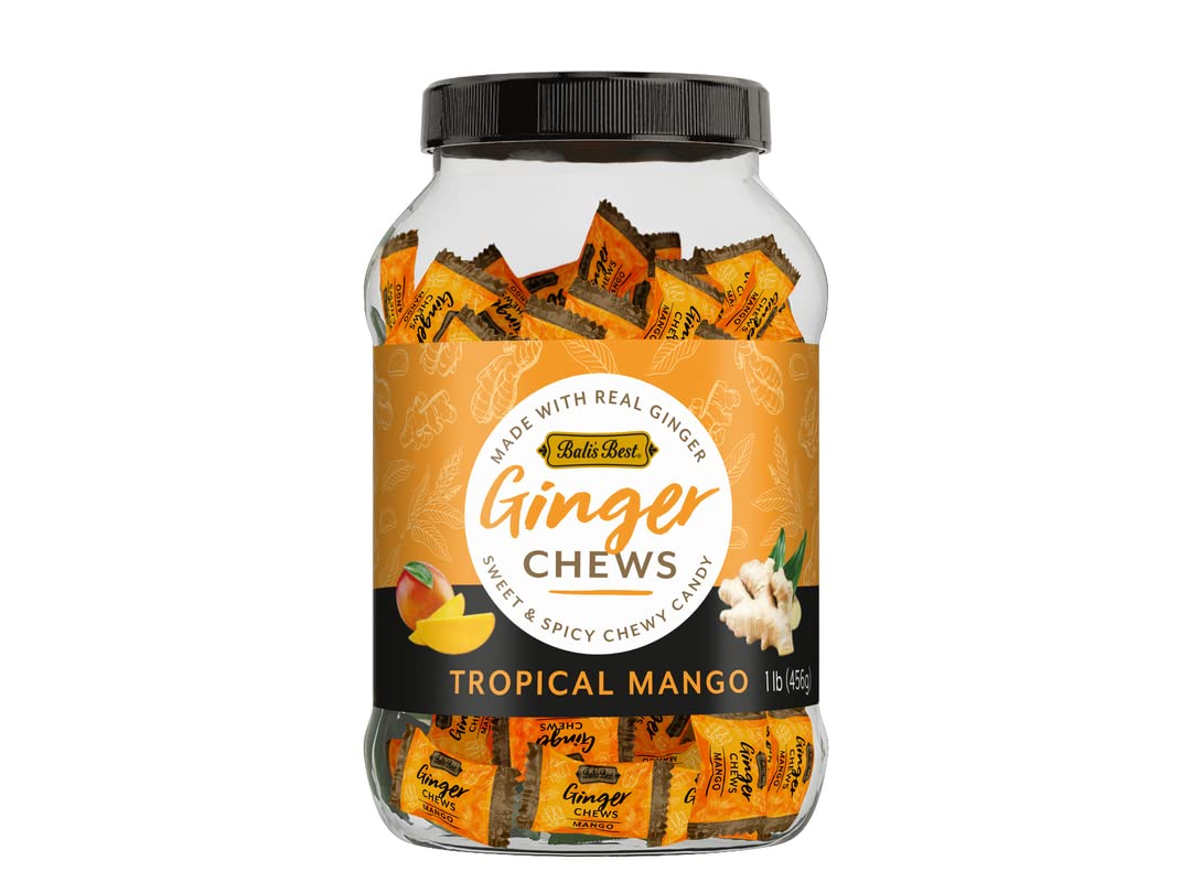 Bali's Best Ginger Chews, Tropical Mango Flavor, 1 Pound Jar, Individually Wrapped Soft Candy, Made with 100% Real Ginger, Digestive Health Support, Upset Stomach Relief, Halal