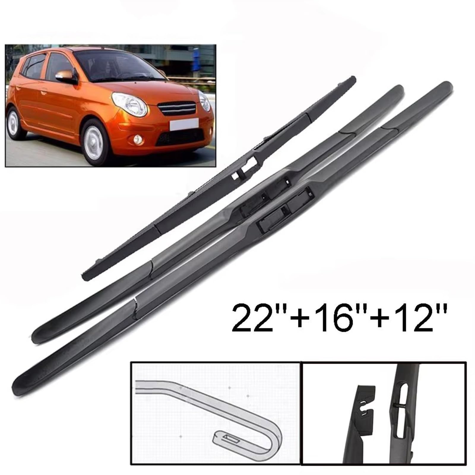tergicristallo Compatibile con Kia per Picanto SA MK1 2004 2005 2006 2007 2008 2009-2011 22"+16"+12" Spazzole Tergicristallo Anteriori E Posteriori Spazzole per Finestre