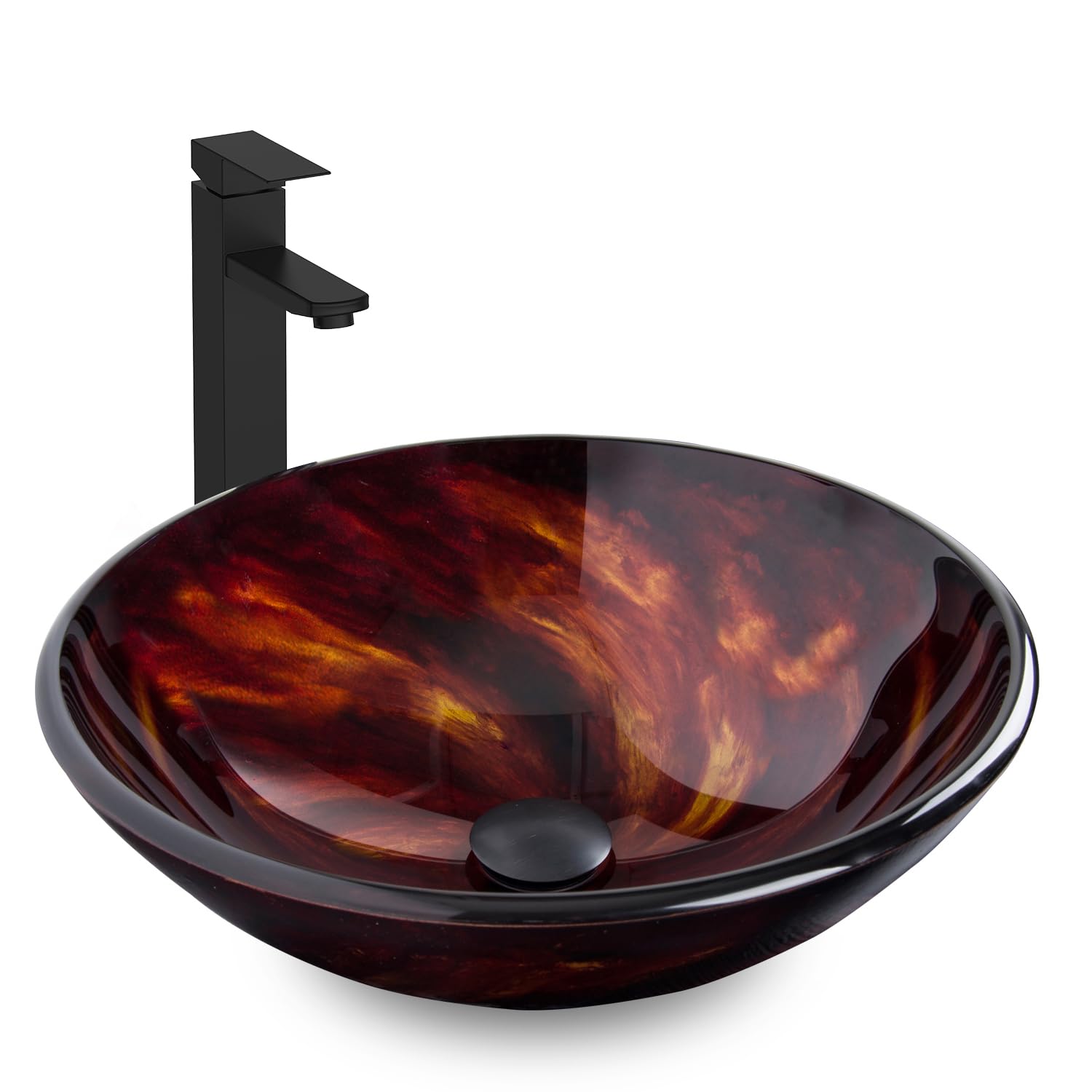 bathroom artistic vessel sink, tempered glass vanity round bowl with black faucet and pop up drain set, flame red