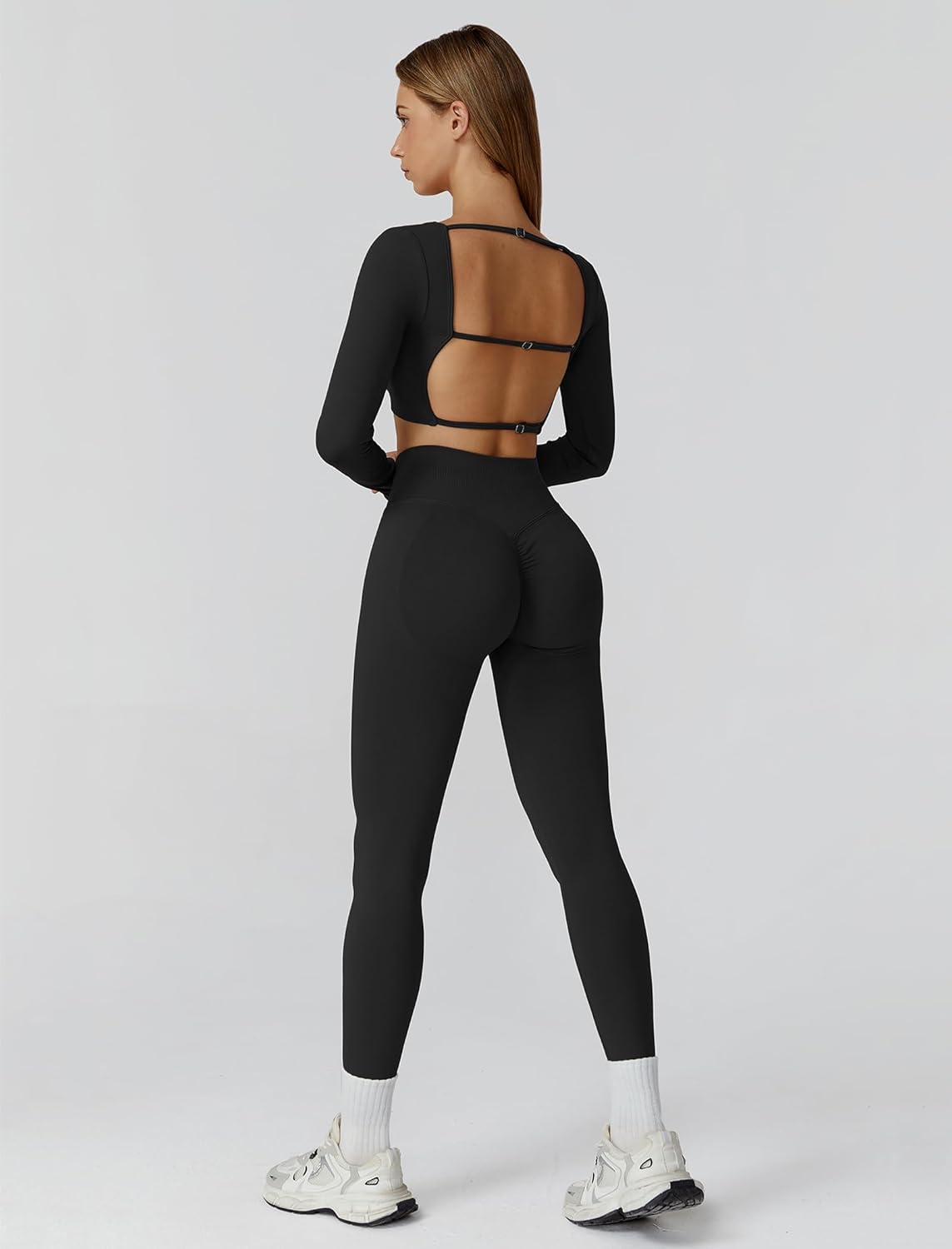 ABOCIW Workout Sets for Women 2 Piece Seamless Backless Long Sleeve Crop Top High Waisted Leggings Gym Sets - Image 6