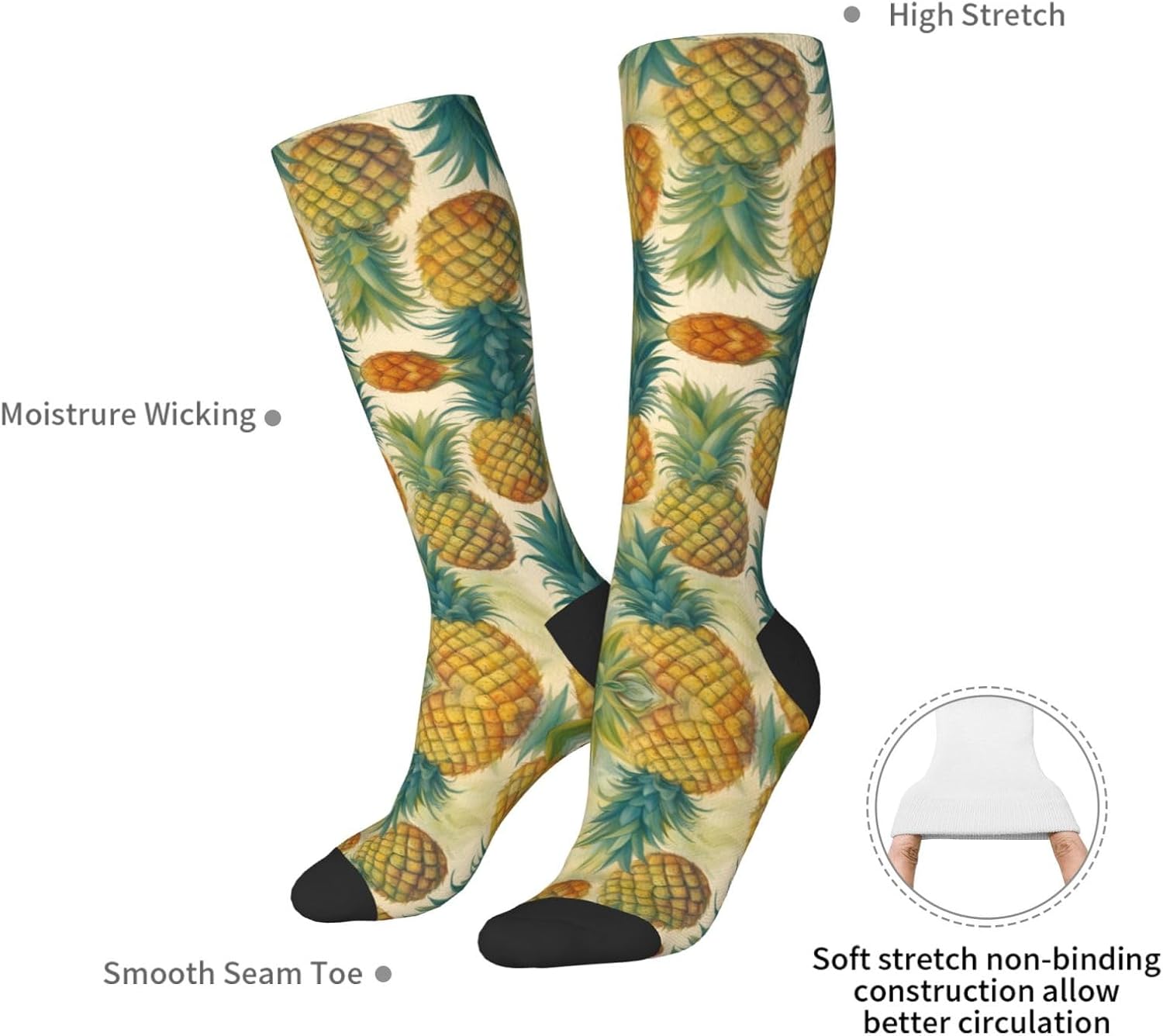 Pineapple Print Breathable Crew Neck Athletic High Socks,Suitable For Sports,Running,And Travel.