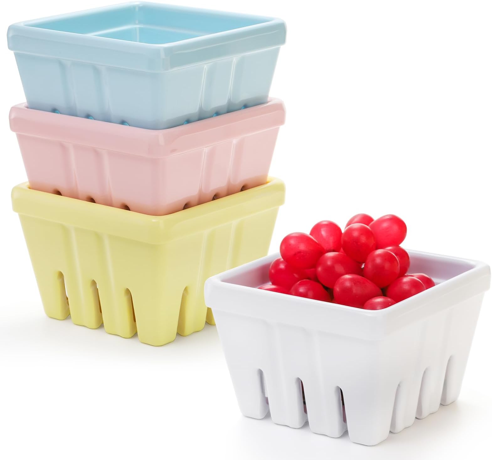 ZEAYEA Set of 4 Berry Basket, Melamine Berry Bowl With Holes, Square Kitchen Fruit Basket, 4" Colander Cute Small Container for Strawberry, Grape, Cherry, Berries
