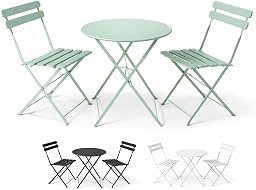 Set Bistró Plegable Arles Metalico | Mesa y 2 Sillas de Exterior e Interior Resistente | Muebles de Jardin, Balcón y Terraza