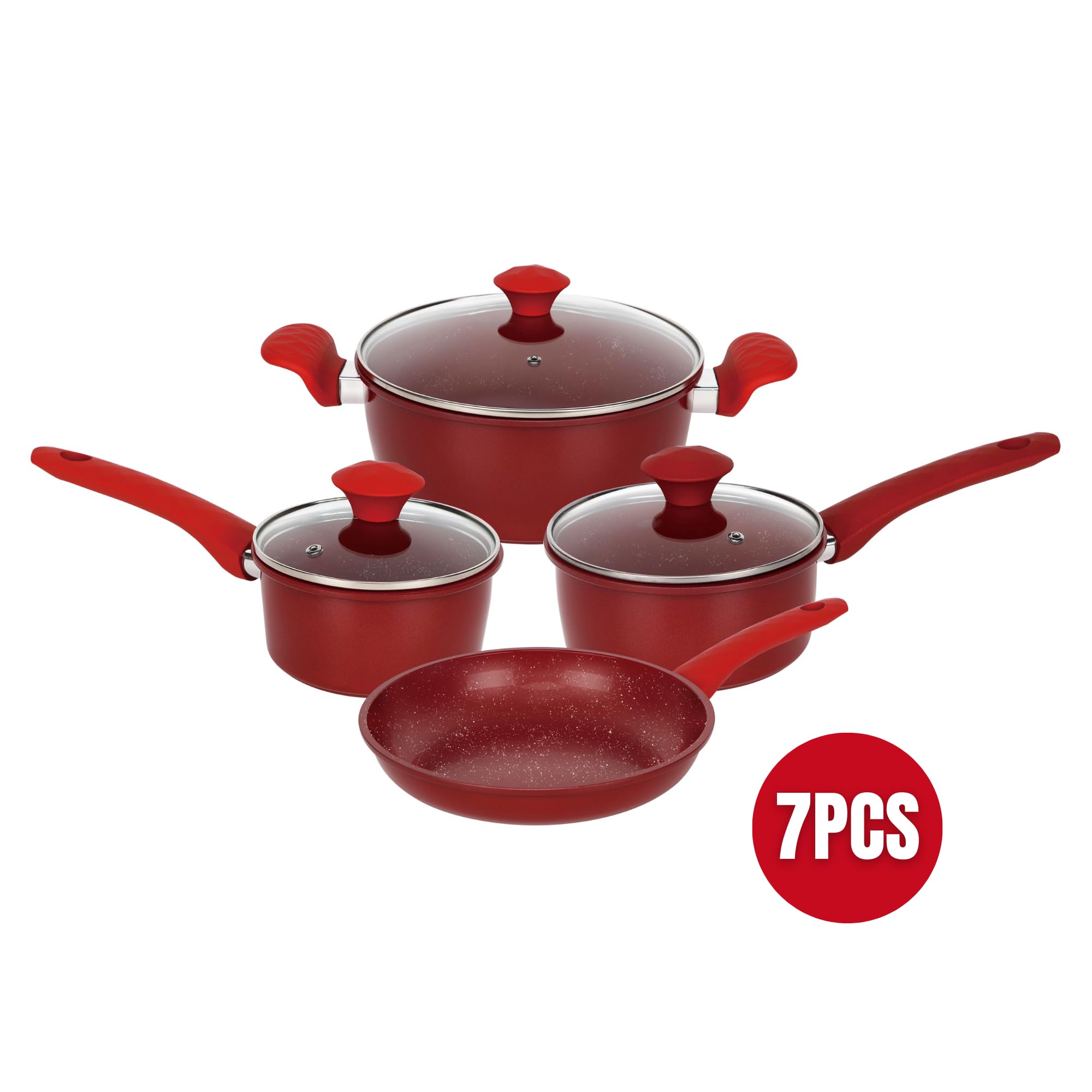 Herzberg Batterie de Cuisine 7 Pièces Antiadhésive HG04715, Rouge | revêtement antiadhésif, rétention de chaleur, poignées ergonomiques, facile à nettoyer, tous feux