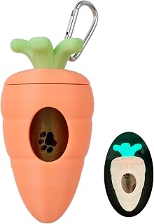Dog Poop Bag Dispenser for Leash, Glow in the Dark Carrot Holder, 1 Roll | 3D carrot dog poop bag dispenser that clips to a leash and glows in the dark, with 1 roll of leak-proof waste bags.