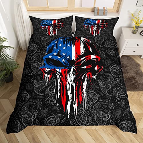 Paisley Duvet Cover Set Twin Size,American Flag Gothic Skull Print Bedding Set 2Pcs For Kids Teens Room Decor,Halloween Theme Comforter Cover Soft Breathable Bedspreads Cover With 1 Pillowcase,Black #TOP22