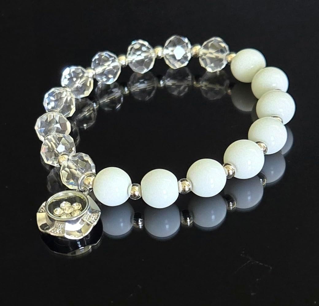 White Glass Beaded Stretch Bracelet for Women, Charm Jewelry, Christmas Birhtday Gifts for Her, 1 pc - Image 5