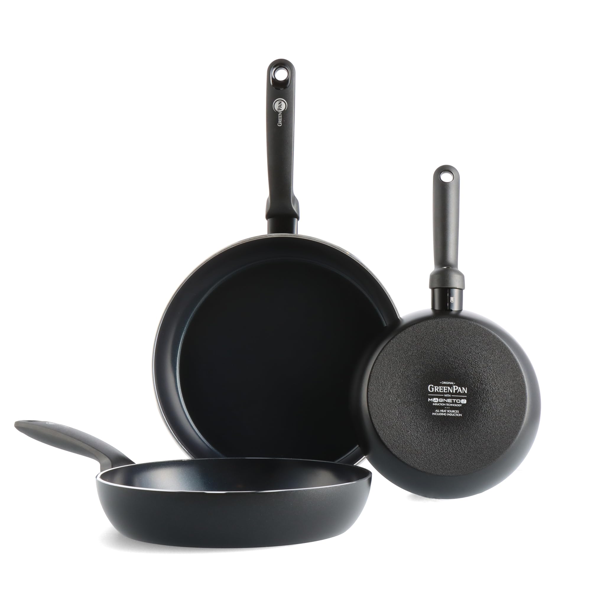 GreenPan Torino Set de Poêles à Frire Antiadhésive 3 pièces en Céramique Saine, 20 cm, 24 cm & 28 cm, Sans PFAS, Induction, Va au four jusqu'à 160°C, Lavable au lave-vaisselle, Noir
