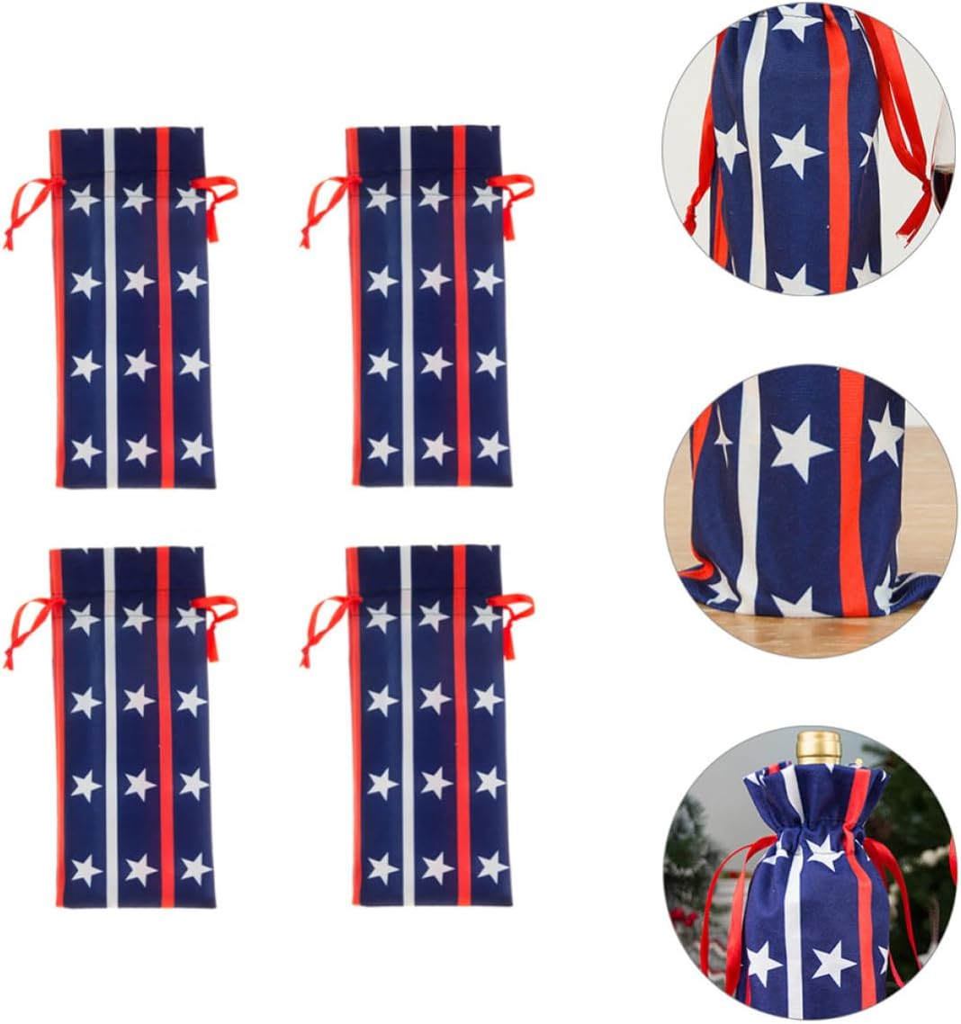 BAZEITFLOW 4pcs Flannel Wine Drawstring Bags for Independence Day Wine Bottle Covers for United States Independence Day Dinner Table Decoration