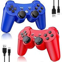 Vista 1 de OKHAHA 2 Pack Wireless Controller Compatible with PlayStation 3 (PS3), Bluetooth, Rechargeable with Motion Sensor (No Stripes, Blue + Red)