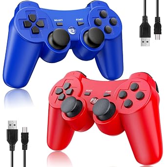 OKHAHA Controller 2 Pack for PS3 Wireless Controller for Sony Playstation 3, Double Shock 3, Bluetooth, Rechargeable, Motion Sensor, Remote for PS3 No StripesBlue + Red