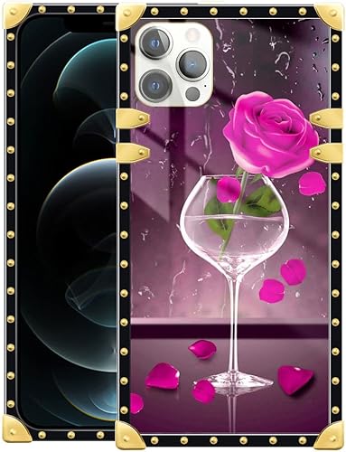 DAIZAG Funda compatible con iPhone 13 Pro Max, rosa rosa en copa de vino, iPhone 13 Pro Max, decoración de esquina de metal retro dorado, TPU suave