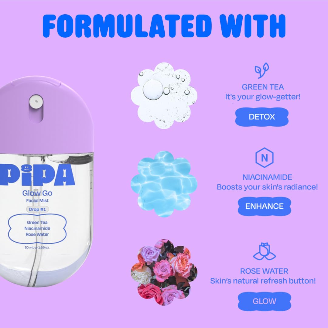 Pipa Skincare Glow Go Facial Mist 30 ml | Organic Rose Water Toner Spray | Alcohol-Free Balancing & Hydrating Face Mist for Kids & Tweens Ages 8 to 13 | Soothes & Refreshes Skin Daily