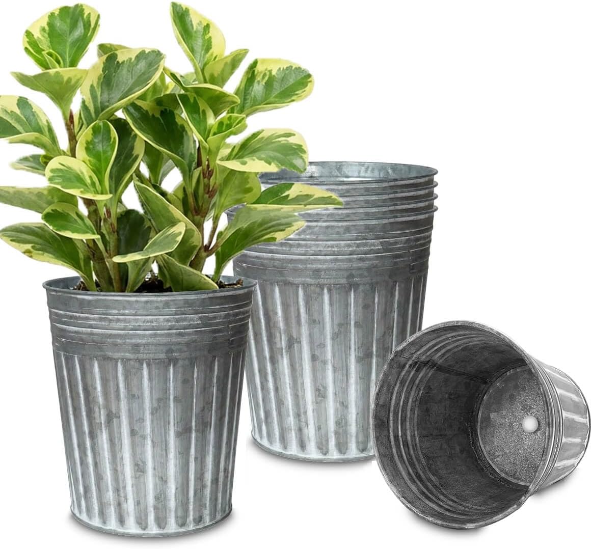 vensovo 7 Inch Silver Metal Rustic Flower Pots - 6Pcs Medium Galvanized Planters with Drainage Hole and Rubber Plug, Rustproof Metal Bucket Plant Pots Farmhouse Vintage Style for Decor