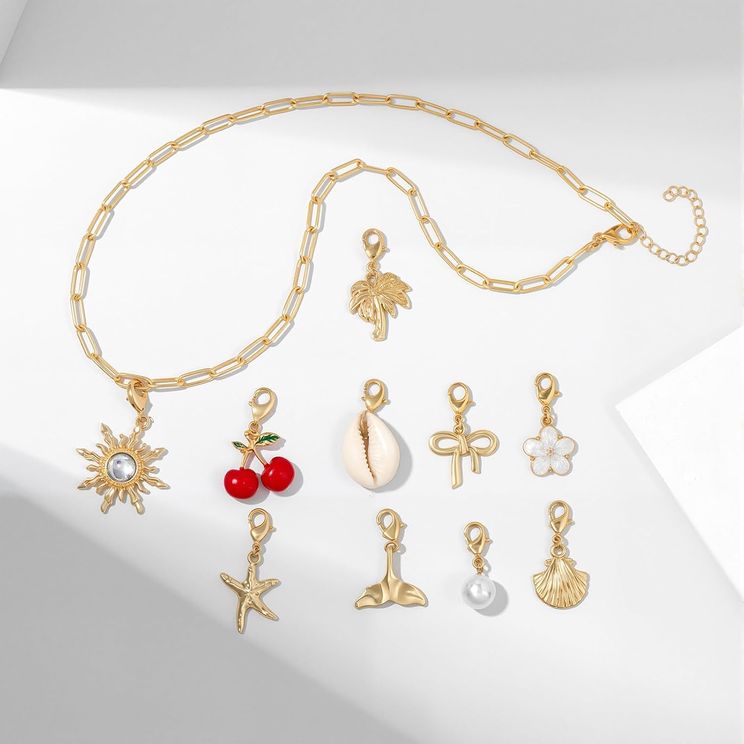 Raicegs Charm Necklace for Women 14K Gold Shell Starfish Cherry Bow Pearl Pendant Chunky Necklace Summer Beach Jewelry Gifts - Image 5