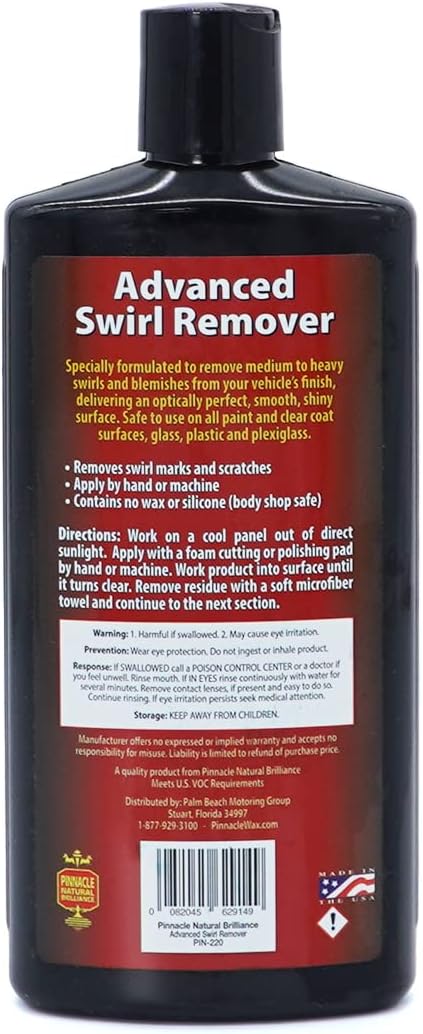 Pinnacle Advanced Swirl Remover | High-Performance Polish for Swirl & Scratch Removal | Restores Depth, Clarity & Shine on Clear Coats & Painted Surfaces | Easy Application | PIN-220 | 16oz
