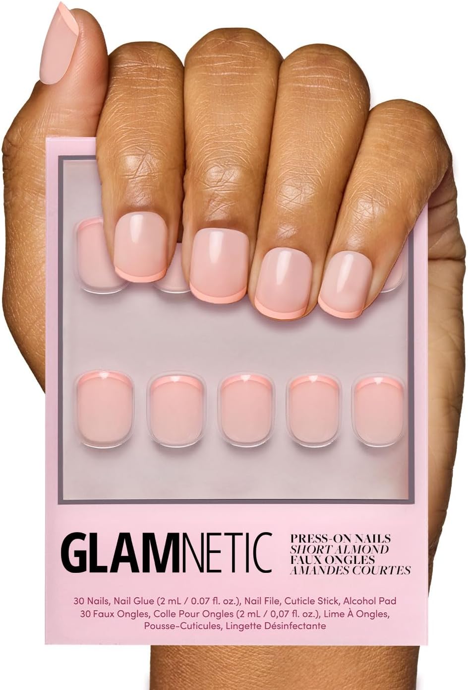 Glamnetic Press On Nails - French Peach | Super Short Round Fake Nails with Pastel Peach French Tips and Glossy Finish, Salon Quality | 15 Sizes - 30 Nail Kit with Glue