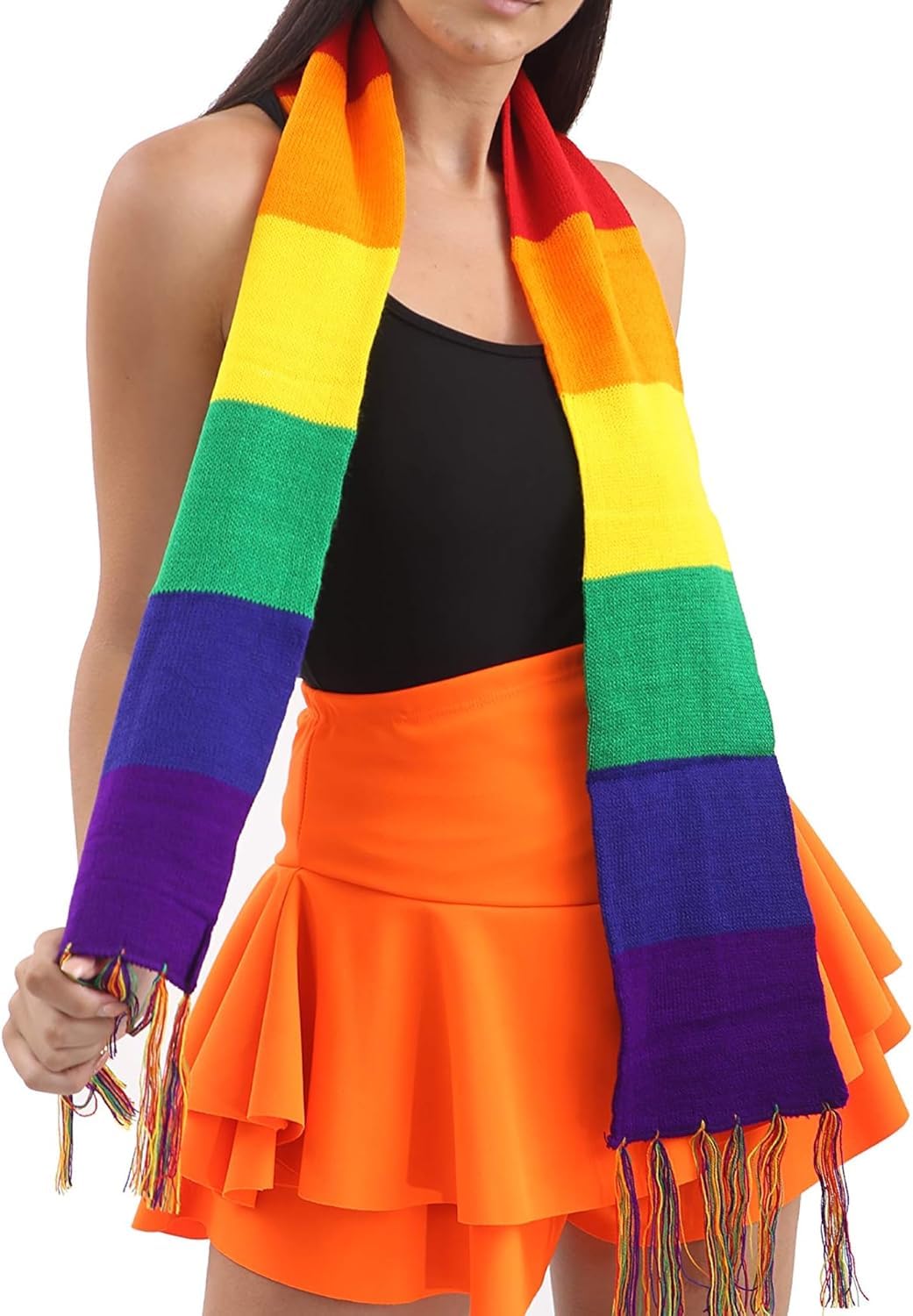 Fsxtyle Unisex Scarf Only Gay Pride Rainbow Knitted Hat And Scarf Set – Lgbt Festival Beanie & Striped Polyester Satin Neck Accessory – Colorful Warm Winter Party Gear For Adults – One Size (, One Size)