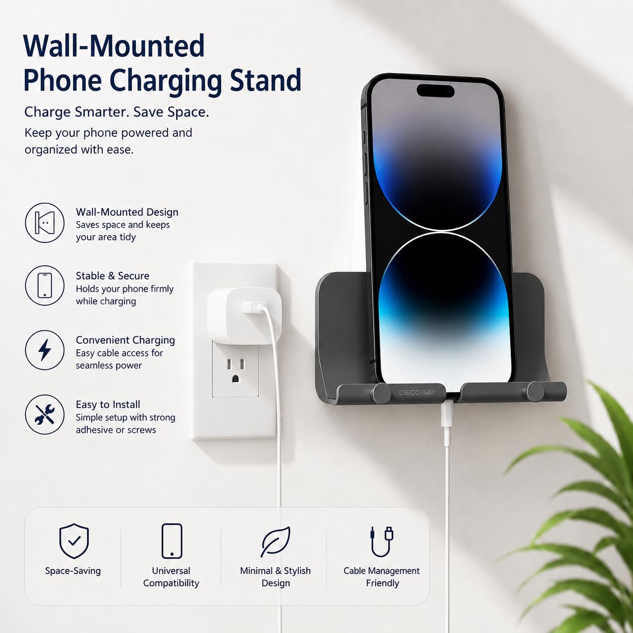 D2 - Soporte de pared para teléfono, manos libres, con adhesivo y agujero de recepción de cable de datos para ducha, carga, RV, compatible con iPhone, cables de smartphone, llaves y más (gris)