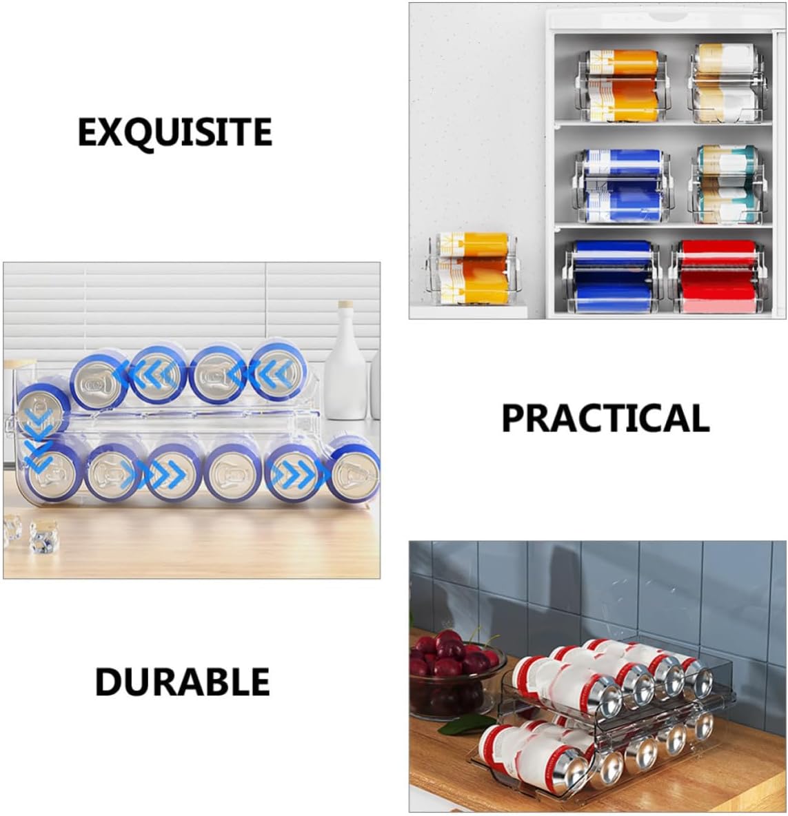 Double Layered Plastic Drink Can Organizer with Automatic Rolling Dispenser for Refrigerator Storage, Sturdy and Space-saving Beverage Holder Suitable for Pantry and Cabin