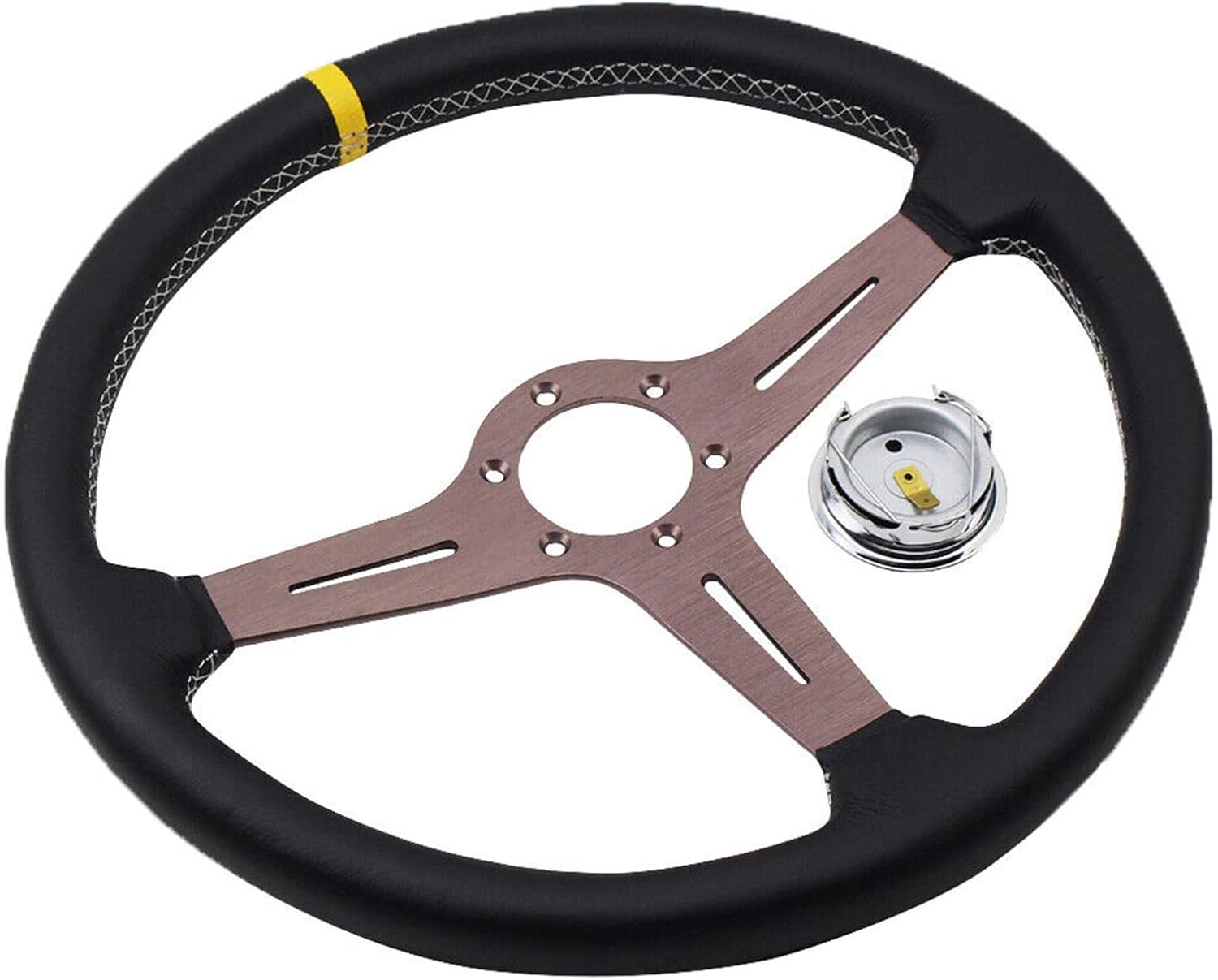 15" Steering Wheel, Universal 380mm Car Classic Leather Titanium Chrome Steering Wheels With Horn Button