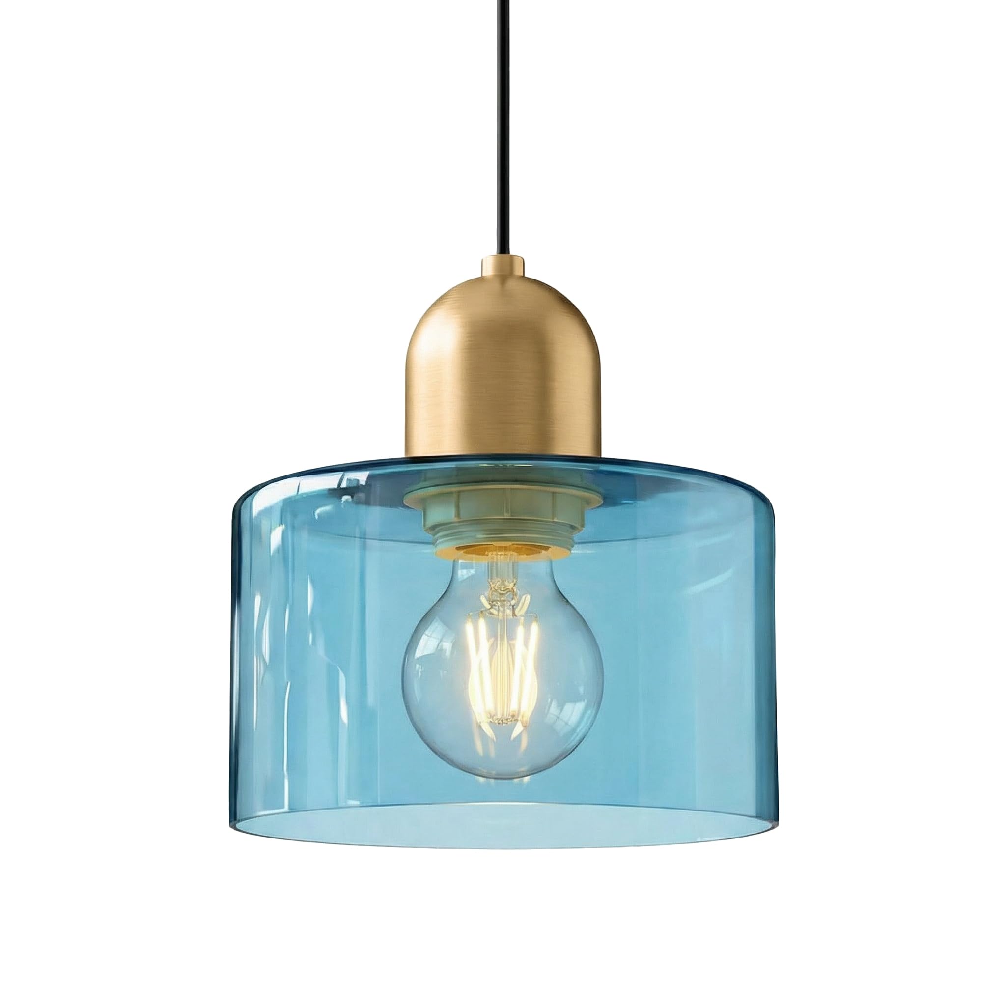 LFsem 20cm Round Glass Pendant Light for Dining Room & Bedroom, Gold Metal E27 Pendant Ceiling Light Fixture for Kitchen Island & Living Room, Modern Retro Style (Blue)