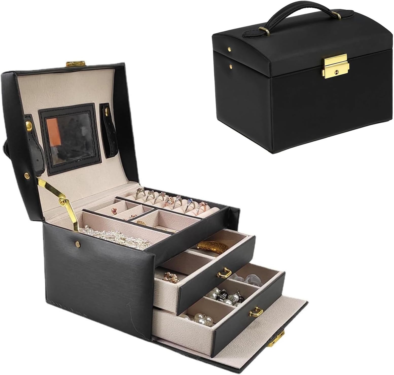 STAYOUNGSTAYOUNG Jewelry Box Organizer - Jewelry Organizer Travel Storage Case for Rings Earrings with Mirror(Black)