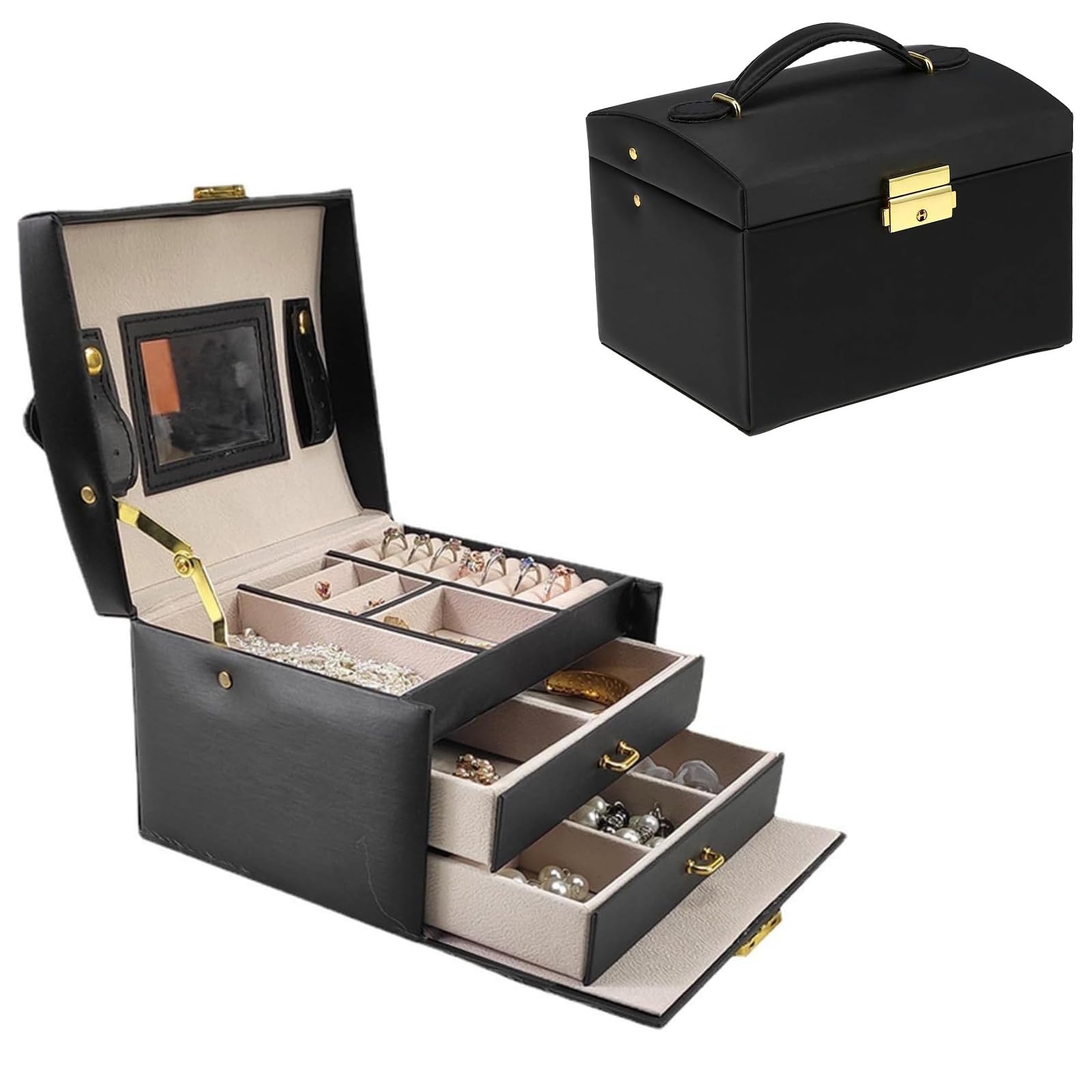 STAYOUNGSTAYOUNG Jewelry Box Organizer - Jewelry Organizer Travel Storage Case for Rings Earrings with Mirror(Black)