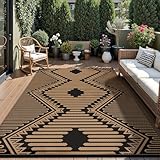 MontVoo Outdoor Rug-Waterproof Patio Rug Mat 5x8 Outdoor Carpet Mat Reversible Plastic Straw Outside Outdoor Rug for RV Camping Picnic Balcony Backyard Pool Deck Porch Modern Boho Black Brown