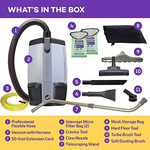 ProTeam Commercial Backpack Vacuum Cleaner, ProVac FS 6 Vacuum Backpack with HEPA Media Filtration and Residential Cleaning Service Kit, 6 Quart, Corded