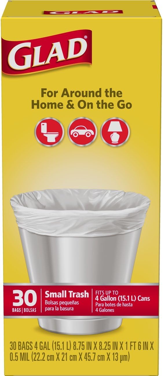 Glad Trash Bags, Small Garbage Bags - 4 Gallon White Trash Bag - 30 Count