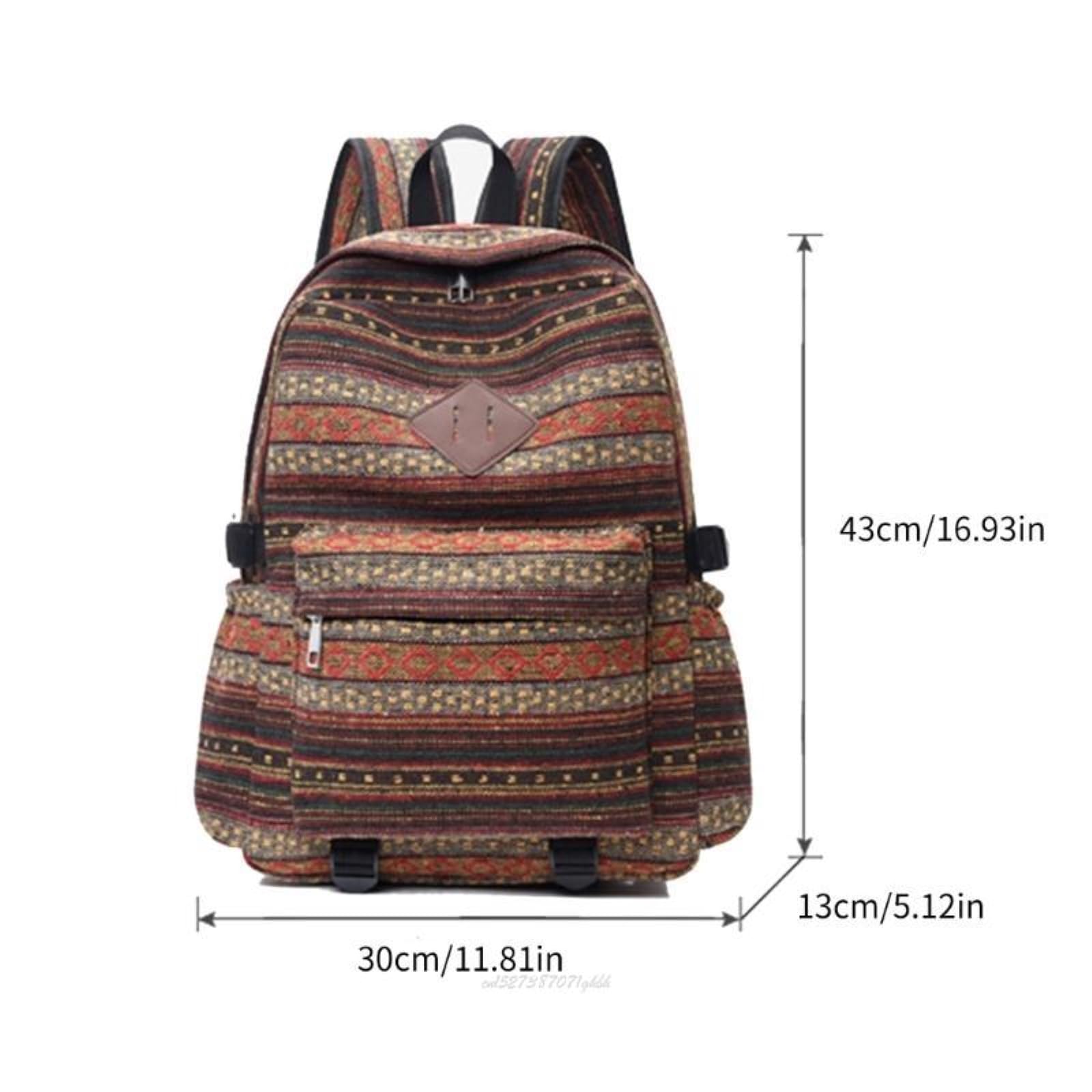 Zaino da Viaggio Etnico Tessuto in Pelle Patch Tasca Anteriore Regolabile Cinturine Fibbia Laterale-Khaki
