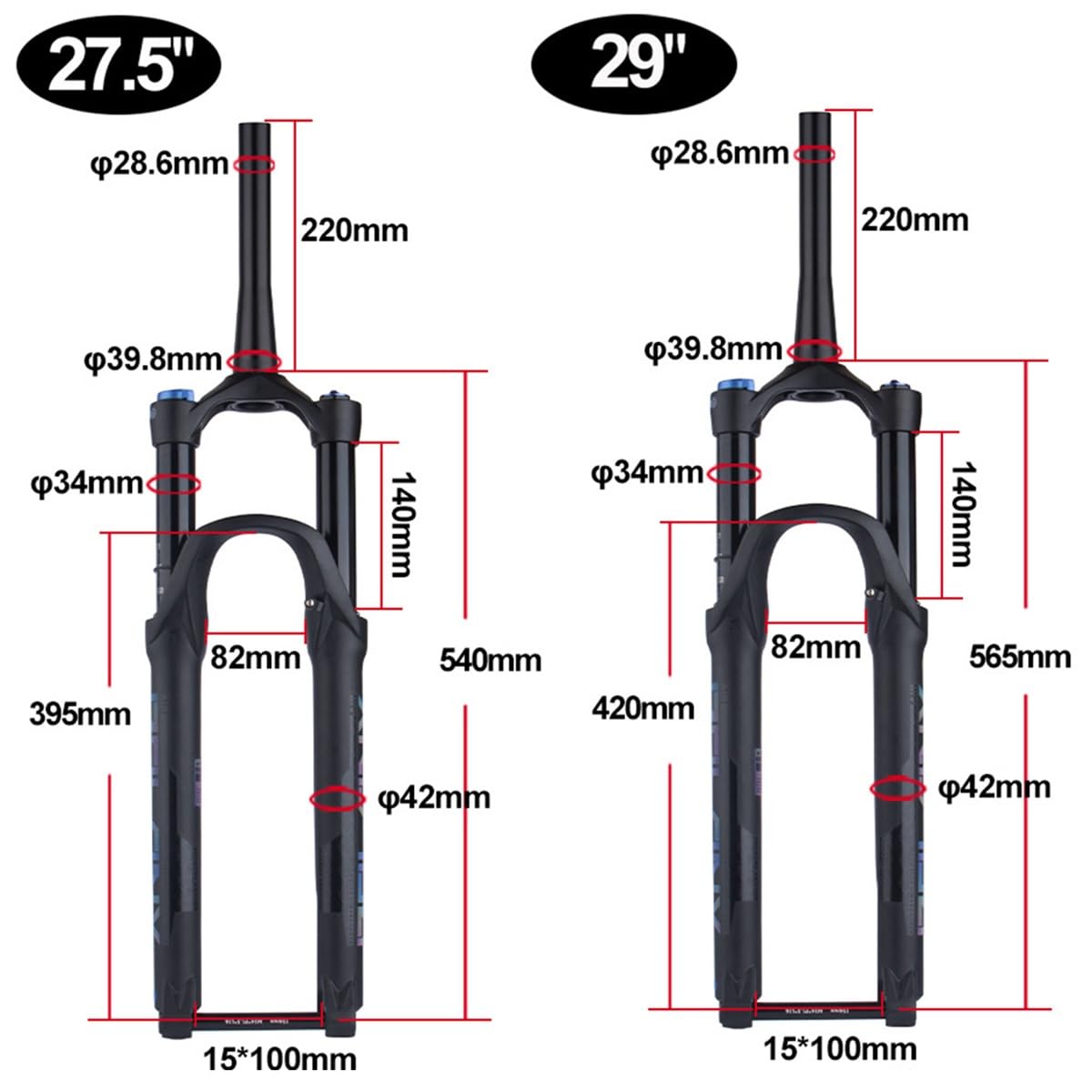 Horquilla Delantera para Bicicleta de montaña de 27,5/29 Pulgadas con Amortiguador de Aire, Horquilla de suspensión de 1-1/8" cónica, Recorrido de 140 mm, Eje de 140 mm, Ajuste de