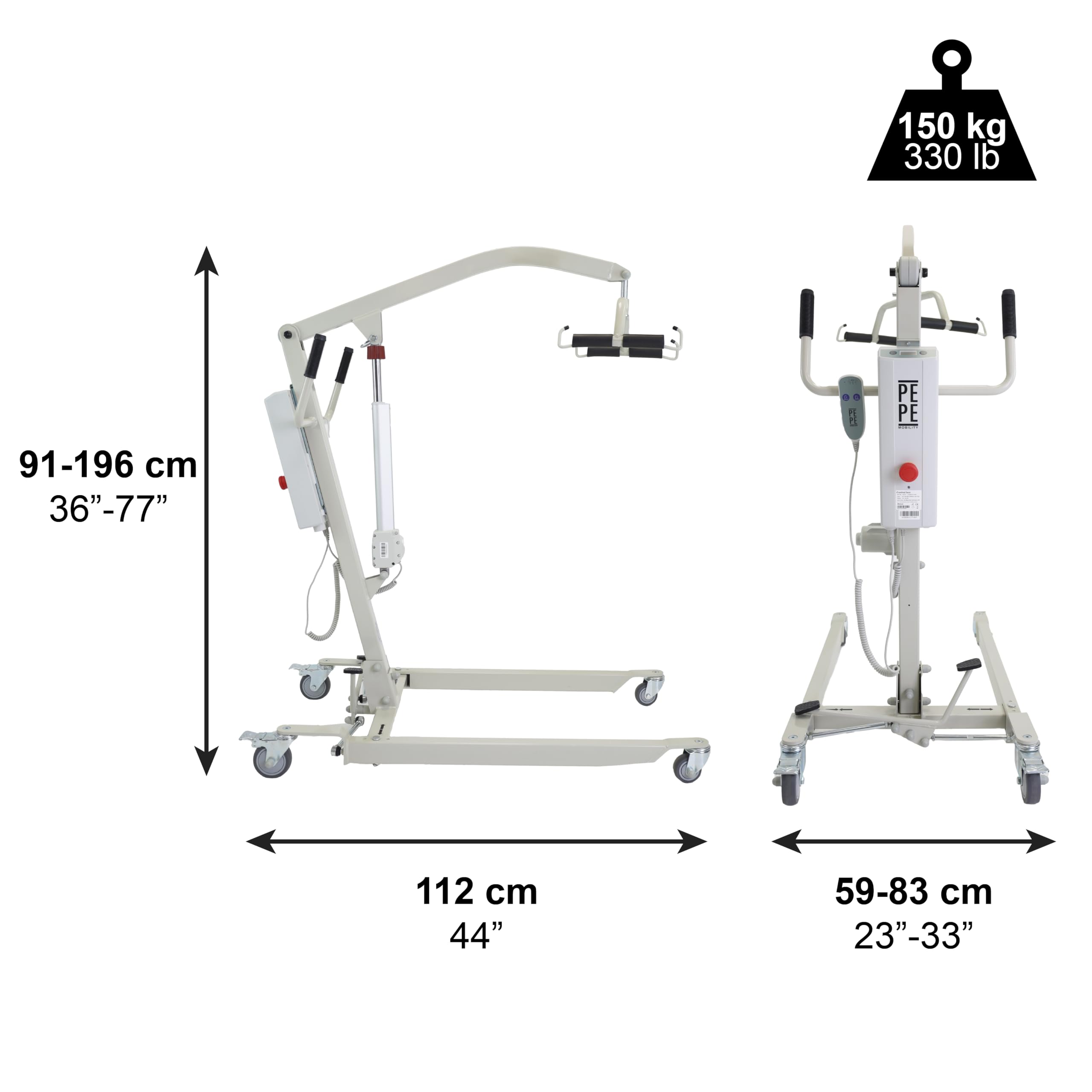 PEPE Mobility Grúa para Personas Mayores Eléctrica (hasta 150 kg), Arnés de Transferencia Incluido, Ancho Ajustable, Ruedas con Bloqueo Seguridad