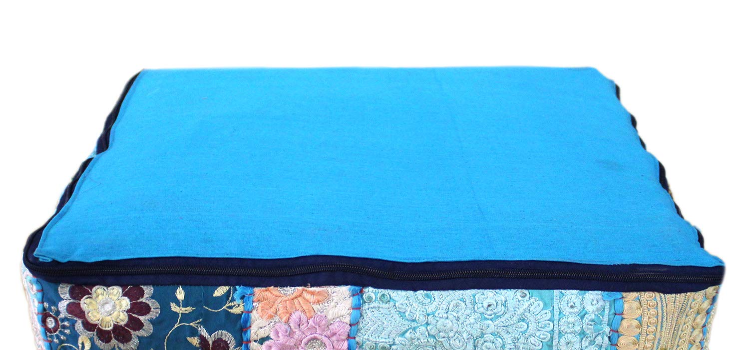 CRAFT KALA Indian Square Patchwork Traditional Pouf Cover Indian Living Room Poufs Decorative Embroidered Designer Ottoman Home Living Footstool Chair Cover Decor Pillow Cover 16x16x5 inches, Sky Blue