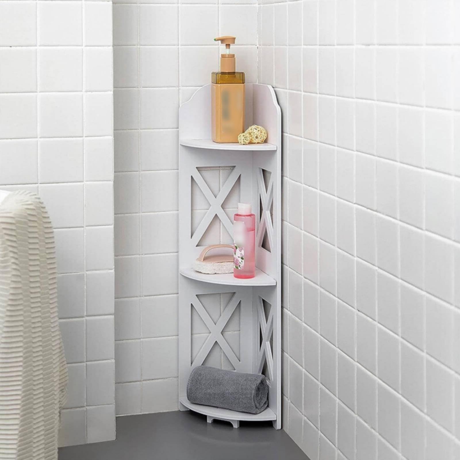Amagogo Étagère d'Angle Salle de Bain Étagère de Meuble de Rangement Support à Trois Étagères PVC sans Outil Adaptée à Salle de Bain Salon Balcon, Étagère D Angle En X De 80 Cm De Haut