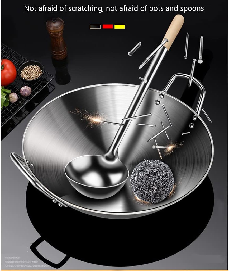 Thickened 201 Non-Magnetic Stainless Steel Wok Pan 34cm-70cm Round Bottom Uncoated Modern Simplicity Household Double Ear Wok Non-Stick Pan for Gas Cooktops