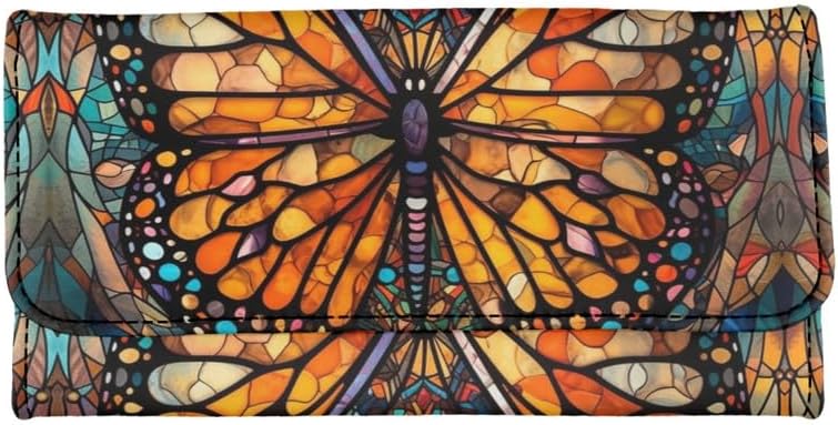 Monarch Butterfly PU Leather Trifold Wallet for Women, Stained Glass Butterfly Handcrafted Stitching Ladies Credit Card Holder Modern Art Zipper Pocket Long Wallet - Image 2