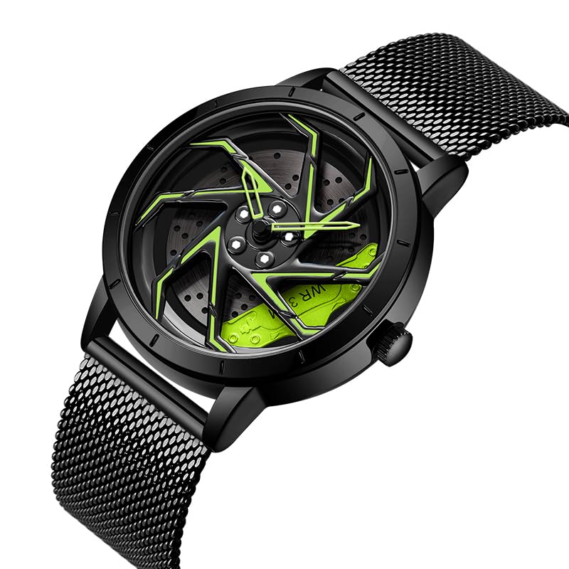 Image of FANMIS Men's Racing Car Wheel Watch 3D Spinning Dial Stainless Steel Watch | Creative 3D Spinning Car Quartz Large Skeleton Face and 30M Water Resistance Designed for Car Fans and Daily Wear.